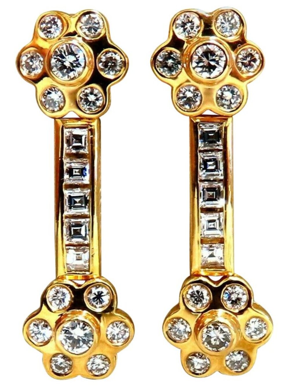 2.06ct Natural Baguette Round Diamonds Clover Stem Dangle Earrings 14kt*